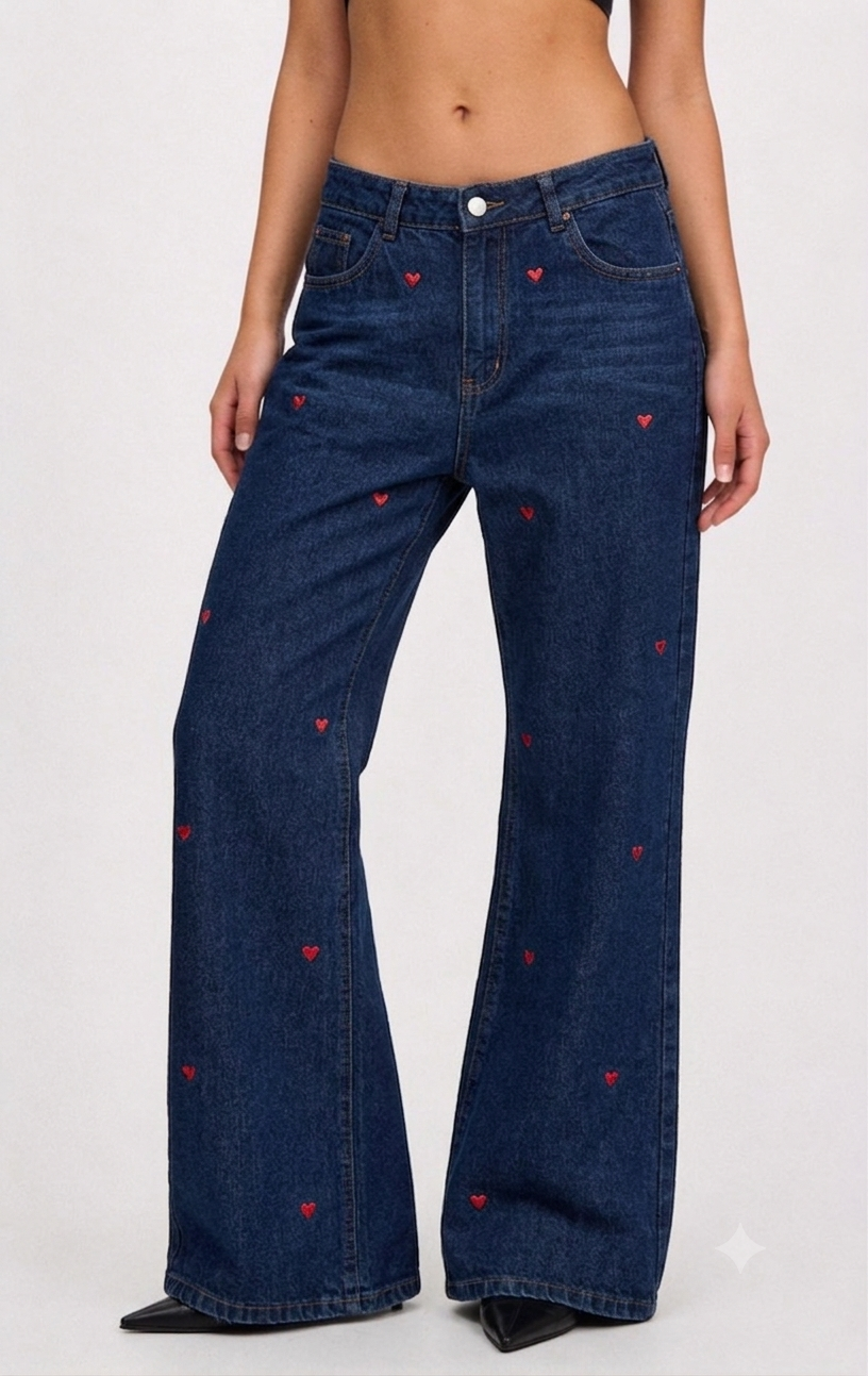 Jeans Flare Corazoncitos Bordados